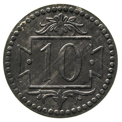 10 fenigów 1920, Gdańsk, na rewersie mała cyfra 10, odmiana z 57 perełkami, Parchimowicz 51, bardzo ładne