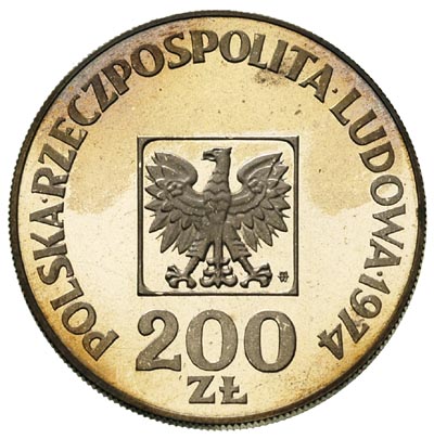200 złotych 1974, Warszawa, XXX LAT PRL, Parchimowicz 304 b, moneta wybita stemplem lustrzanym, delikatna patyna