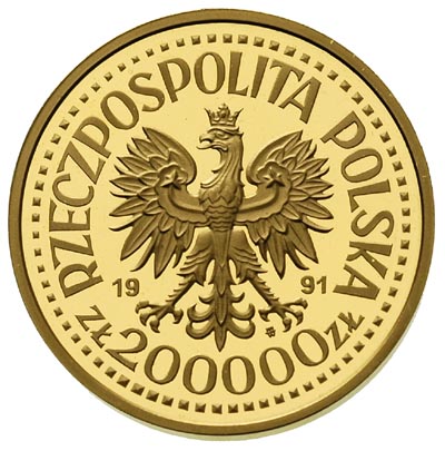 200.000 złotych 1991, Jan Paweł II, na rewersie wypukły napis PRÓBA, Parchimowicz P-640 a, wybito 400 sztuk, złoto 30.97 g, stempel lustrzany