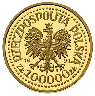 100.000 złotych 1991, Jan Paweł II, na rewersie wypukły napis PRÓBA, Parchimowicz P-623 a, wybito 400 sztuk, złoto 15.46 g, stempel lustrzany