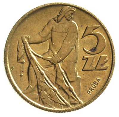 5 złotych 1959, na rewersie wypukły napis PRÓBA, Parchimowicz P-230 b, nakład 100 sztuk, mosiądz 9.75 g, piękny i rzadki egzemplarz