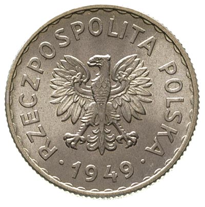 1 złoty 1949, na rewersie wklęsły napis PRÓBA, Parchimowicz -, aluminium 2.23 g, nakład nieznany, Władysław Terlecki, dyrektor Mennicy Państwowej w latach 1945-1946, w swoim Ilustrowanym Katalogu monet wydanym w 1965 roku napisał, że na niewielkiej ilości monet obiegowych został umieszczony zwykle w górnej części wklęsły napis PRÓBA, autor tego projektu jest nieznany, rzadka moneta w wyśmienitym stanie zachowania