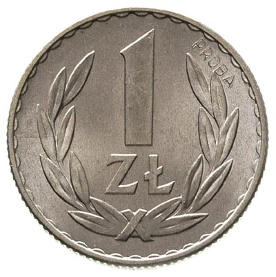 1 złoty 1949, na rewersie wklęsły napis PRÓBA, Parchimowicz -, aluminium 2.23 g, nakład nieznany, Władysław Terlecki, dyrektor Mennicy Państwowej w latach 1945-1946, w swoim Ilustrowanym Katalogu monet wydanym w 1965 roku napisał, że na niewielkiej ilości monet obiegowych został umieszczony zwykle w górnej części wklęsły napis PRÓBA, autor tego projektu jest nieznany, rzadka moneta w wyśmienitym stanie zachowania