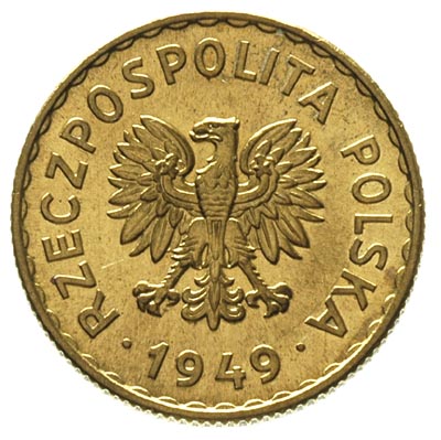 1 złoty 1949, na rewersie wklęsły napis PRÓBA, Parchimowicz P-215 b, nakład 100 sztuk, mosiądz 6.71 g, rzadkie