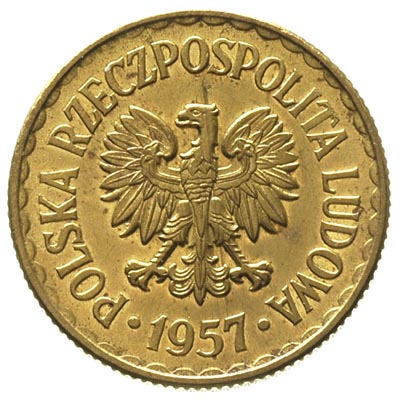 1 złoty 1957, na rewersie wklęsły napis PRÓBA, Parchimowicz P-216 b, nakład 100 sztuk, mosiądz 6.70 g, rzadkie