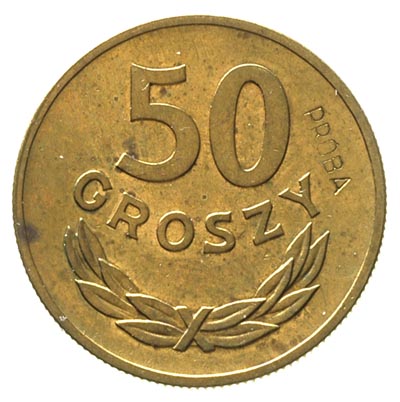 50 groszy 1949, na rewersie wklęsły napis PRÓBA, Parchimowicz P-209 b, nakład 100 sztuk, mosiądz 4.85 g, rzadkie