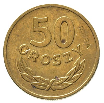 50 groszy 1957, na rewersie wklęsły napis PRÓBA, Parchimowicz P-210 b, nakład 100 sztuk, mosiądz 4.86 g, rzadkie