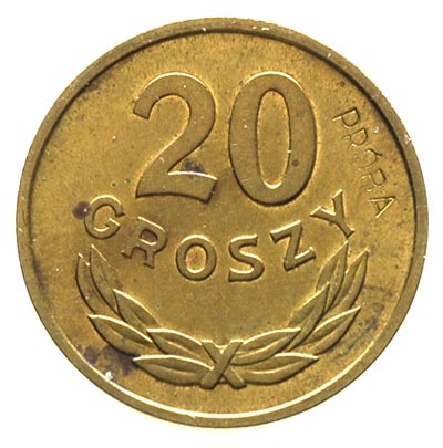 20 groszy 1957, na rewersie wklęsły napis PRÓBA, Parchimowicz P-208 a, nakład 100 sztuk, mosiądz 3.10 g, rzadkie
