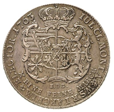 talar 1763, Lipsk, litera S na ramieniu króla, litery E.D.C. pod tarczą herbową, 27.85 g, Schnee 1050, Dav. 2677 A
