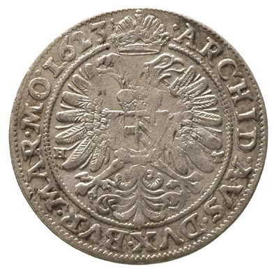 24 krajcary 1623, Wrocław, moneta z popiersiem Ferdynanda II bita od lutego do lipca 1623, po bokach orła cesarskiego litery H - T, F.u.S. 96, rzadkie