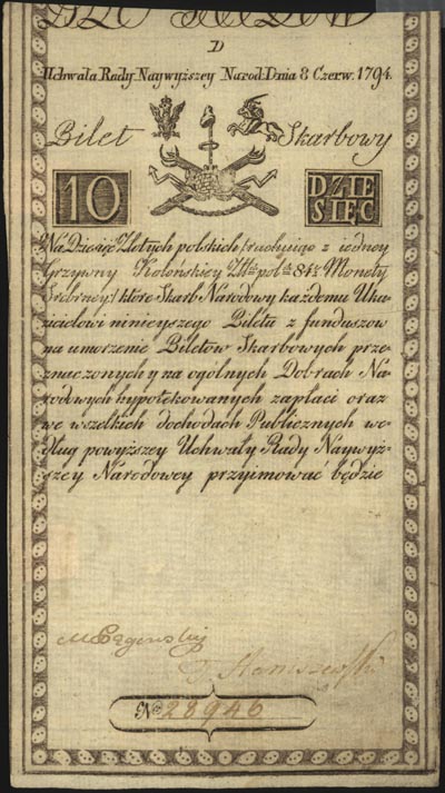 10 złotych 8.06.1794, seria D, Miłczak A2, Lucow 21 R3, dwie małe podlepki na stronie odwrotnej, ale bardzo ładnie zachowane