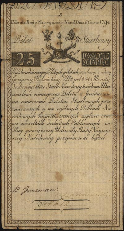 25 złotych 8.06.1794, seria B, Miłczak A3, Lucow 25 R2, znak wodny z emblematem firmowym, banknot kilkakrotnie naderwany