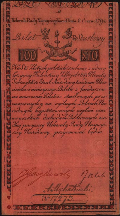 100 złotych 8.06.1794, seria B, Miłczak A5, Lucow 34 R4, lewy dolny róg po konserwacji, rzadkie