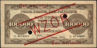 100.000 marek polskich 30.08.1923, seria A 0012345, A6789000, WZÓR, dwukrotnie perforowany, Miłczak 35, Lucow 432a R5