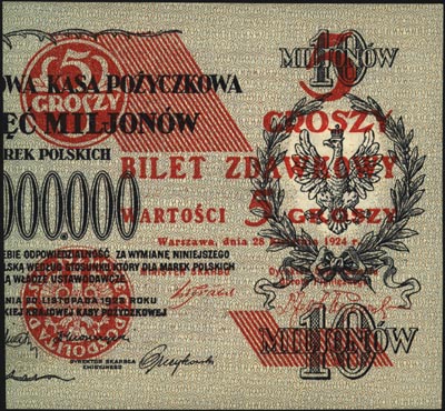 5 groszy 28.04.1924, część prawa, Miłczak 43b, L