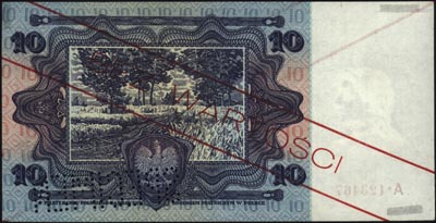 10 złotych 2.01.1928, WZÓR, seria A*123467, w prawym dolnym rogu perforowany napis \SPECIMEN, Miłczak 66b