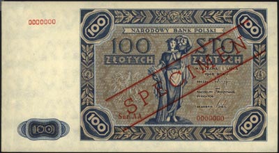 100 złotych 1.07.1948, SPECIMEN, seria AA 0000000, próba w kolorze niebieskim banknotu 100 złotych emisji 15.07.1947, bardzo rzadkie i ładnie zachowane