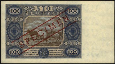 100 złotych 1.07.1948, SPECIMEN, seria AA 0000000, próba w kolorze niebieskim banknotu 100 złotych emisji 15.07.1947, bardzo rzadkie i ładnie zachowane