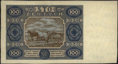 100 złotych 1.07.1948, seria AA 0000000, próba w kolorze niebieskim banknotu 100 złotych emisji 15.07.1947, bardzo rzadkie i pięknie zachowane