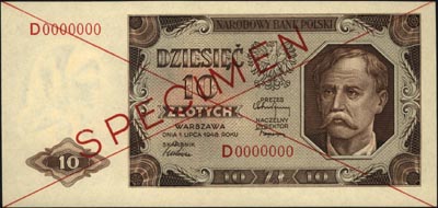 10 złotych 1.07.1948, SPECIMEN, seria D 0000000, Miłczak 136a