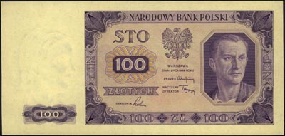 100 złotych 1.07.1948, bez oznaczenia serii i numeracji, próba druku banknotu w kolorze fioletowym, Miłczak 139, bardzo rzadkie, niespotykane, pięknie zachowane