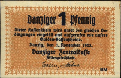 1 fenig 1.11.1923, znak wodny odwrócony, na stronie odwrotnej nadruk: Ungültig! Nicht zugelassen im Zahlungsverkehr, Miłczak G31, pięknie zachowane
