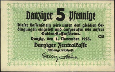 5 fenigów 1.11.1923, na stronie odwrotnej nadruk: Ungültig! Nicht zugelassen im Zahlungsverkehr, Miłczak G33, pięknie zachowane