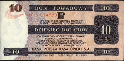 bon PKO SA na 10 dolarów 1.10.1979, seria HF, Miłczak B33