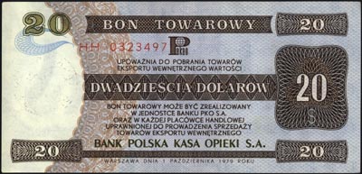 bon PKO SA na 20 dolarów 1.10.1979, seria HH 0323497, Miłczak B34