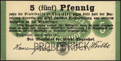Nowy Dwór /Tiegenhof/, 5 fenigów 6.03.1917, perforowany napis PROBEDRUCK, Grabowski T10.1, pięknie zachowane