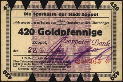 Gdańsk, 105 goldfenigów 19.10.1923, z błędem \1 dolar = 24 fenigi\" i 420 goldfenigów 22.10.1923