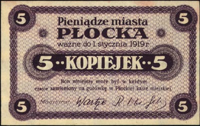 Płock- miasto, 5 i 20 kopiejek ważne do 1.01.1919, Podczaski R-310.B.1 i 3, łącznie 2 sztuki, bardzo ładne