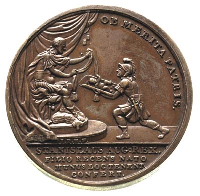 Narodziny Syna gen. Alojzego Fryderyka Brühla, medal autorstwa J.F.Holzhaeussera 1781 r., Aw: Król w stroju antycznym okrywa niemowlę podane przez żołnierza, napis u góry, Rw: Napis poziomy ALOIS FRID. COM. A. BRÜHL..., Więcek 51, H-Cz.3861 R1, Racz. 574, brąz 45 mm, 52.53 g medal upamiętniający symboliczne przyjęcie nowonarodzonego syna generała Brühla do Korpusu Artylerii, patyna