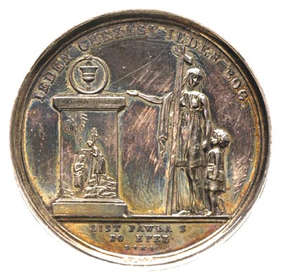 medal chrzestny, autorstwa Franciszka Stuckhart’a 1822-1826 r., Aw: Matka z dzieckiem obok krzyża, po lewej kielich liturgiczny na postumencie, po powyżej napis JEDEN CHRZEST JEDEN BÓG, na dole w odcinku LIST PAWŁA S / DO EFEZ, Rw: Wygrawerowany napis K.S.S. od W.J. D25/4 1865, srebro 27.51 g, tło lekko cyzelowane, rzadki, patyna