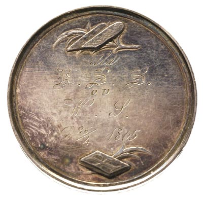medal chrzestny, autorstwa Franciszka Stuckhart’a 1822-1826 r., Aw: Matka z dzieckiem obok krzyża, po lewej kielich liturgiczny na postumencie, po powyżej napis JEDEN CHRZEST JEDEN BÓG, na dole w odcinku LIST PAWŁA S / DO EFEZ, Rw: Wygrawerowany napis K.S.S. od W.J. D25/4 1865, srebro 27.51 g, tło lekko cyzelowane, rzadki, patyna