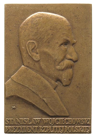 Stanisław Wojciechowski, plakieta sygnowana J. Aumiller, 1926, brąz 27x40 mm, oryginalne pudełko, Strzałkowski 2, wyśmienicie zachowana