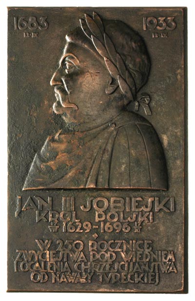 Jan III Sobieski - w 250 rocznicę Odsieczy Wiedeńskiej, plakieta autorstwa J. Aumillera, niesygnowana, 1932-1933, brąz 62x98 mm, Strzałkowski 48, rzadka