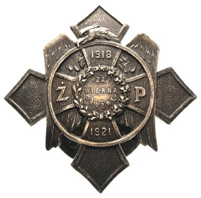II Rzeczpospolita 1918-1939, odznaka pamiątkowa Żandarmerii Polowej typ I, dwuczęściowa, 45x45 mm, tombak srebrzony, na nakrętce punca W. GONTARCZYK / WARSZAWA