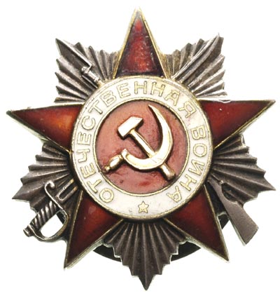 odznaka Bohatera Wojny Ojczyźnianej, II klasa, II wariant, na stronie odwrotnej numer 863557, srebro, 46 mm, sierp i młot -złoto, Sańko s 93, lekko uszkodzona emalia