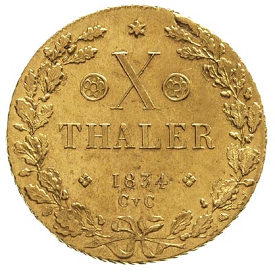10 talarów 1834, złoto 13.26 g, Fr. 745, Welter 3079, bardzo ładnie zachowane