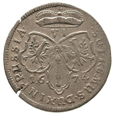 Fryderyk Wilhelm 1640-1688, szóstak 1674/CV, małe litery CV, Królewiec, Neumann 11.120a, rzadki