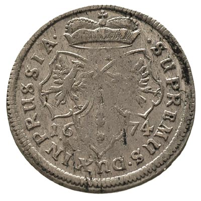 Fryderyk Wilhelm 1640-1688, szóstak 1674/CV, duże litery CV, Królewiec, Neumann 11.120a, rzadki