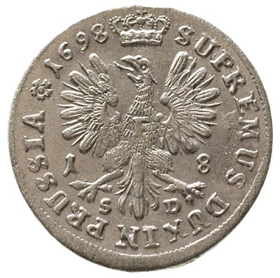Fryderyk III 1688-1701-1713, ort 1698/SD, Królewiec, Neumann 12.28, ładne lustro mennicze