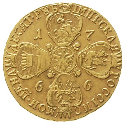 10 rubli 1766, Petersburg, złoto 13.01 g, Diakov 123