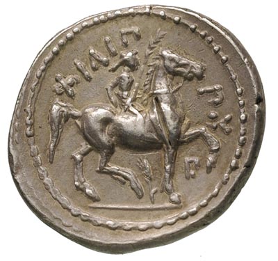 MACEDONIA- Filip II 359-336 pne, tetradrachma, Amphipolis, Aw: Głowa Zeusa w prawo, Rw: Młodzieniec na koniu w prawo, napis FILIPPOY, pod koniem kłos oraz litera P., 14.28 g, SNG Cop. 559, stare  zacięcie na piersi konia