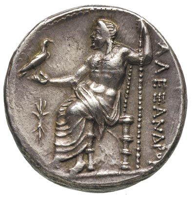 MACEDONIA- Aleksander Wielki 336-323 pne i następcy, tetradrachma 336-320, Pella, Aw: Głowa Heraklesa w skórze lwa w prawo, Rw: Zeus na tronie zwrócony w prawo, trzymający berło i orła, w polu po lewej wiązka piorunów, po prawej ALEXANDOY, srebro 17.28 g, SNG Cop. 711, patyna