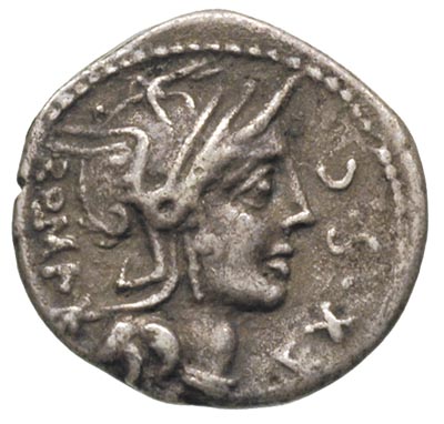 M. Sergius Silus, 116-115 pne, denar, Aw: Głowa Romy w prawo, Rw: Jeździec w lewo, trzymający miecz i odciętą głowę w ręku, Craw. 286.1