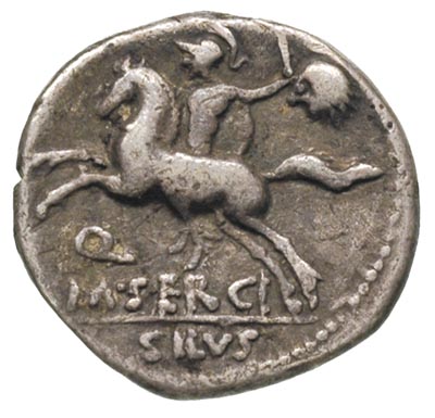 M. Sergius Silus, 116-115 pne, denar, Aw: Głowa Romy w prawo, Rw: Jeździec w lewo, trzymający miecz i odciętą głowę w ręku, Craw. 286.1