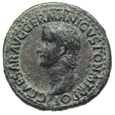 Kaligula 37-41, as 37-38, Rzym, Aw: Głowa cesarza w lewo, Rw: Westa siedząca na tronie w lewo, trzymająca wieniec i berło, brąz 11.49 g, RIC 38, gruba patyna