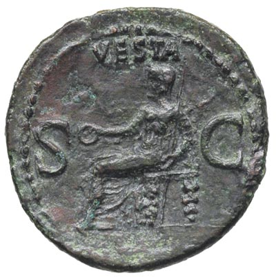 Kaligula 37-41, as 37-38, Rzym, Aw: Głowa cesarza w lewo, Rw: Westa siedząca na tronie w lewo, trzymająca wieniec i berło, brąz 11.49 g, RIC 38, gruba patyna
